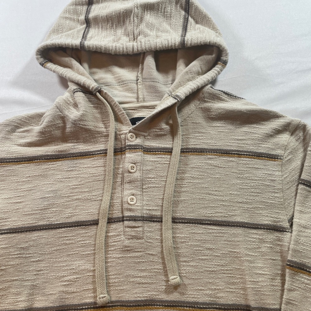 O'Neill Striped Hoodie Mens Medium Cream Cotton Henley Pullover Surf Casual